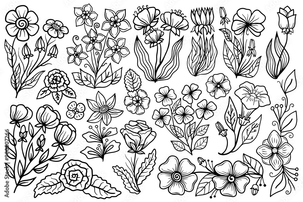 Line art hand drawn flowers. Flowers with leaves sketches, outline illustration set. Line art hand drawn flowers. Flowers with leaves sketches, outline illustration set.