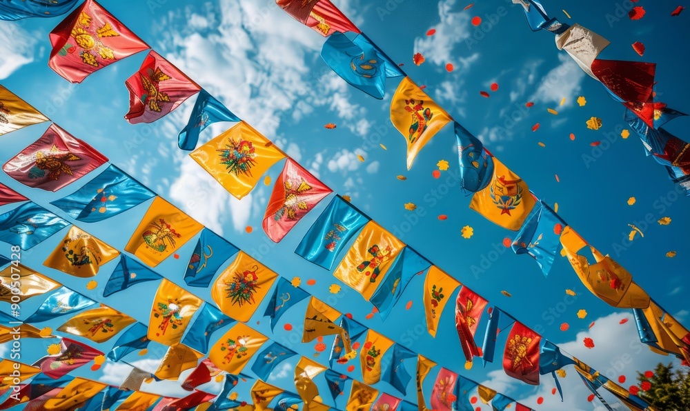 Naklejka premium Colorful Oktoberfest festival flags fluttering in the gentle breeze against a backdrop of blue sky.