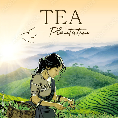 Tea picking girl, Tea plantation, drawing, sketch, watercolor, Vector, illustration for label, packaging, poster, web.