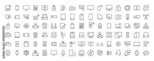 Device and technology line icon set. Electronic devices and gadgets, computer, equipment and electronics. Computer monitor, smartphone, tablet and laptop simple icon collections