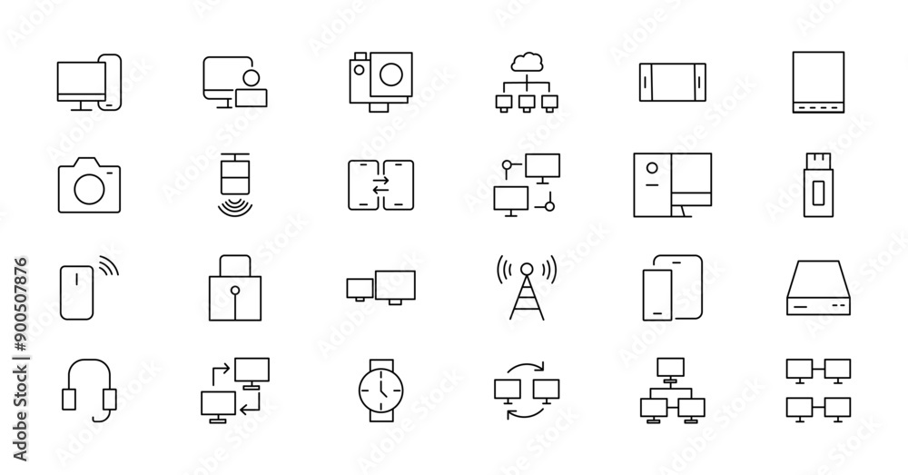 Device and technology line icon set. Electronic devices and gadgets, computer, equipment and electronics. Computer monitor, smartphone, tablet and laptop simple icon collections Device and technology line icon set. Electronic devices and gadgets, computer, equipment and electronics. Computer monitor, smartphone, tablet and laptop simple icon collections