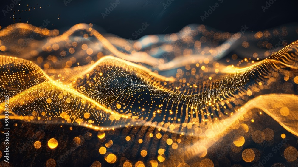 Golden radiant particles creating a wave effect Golden radiant particles creating a wave effect