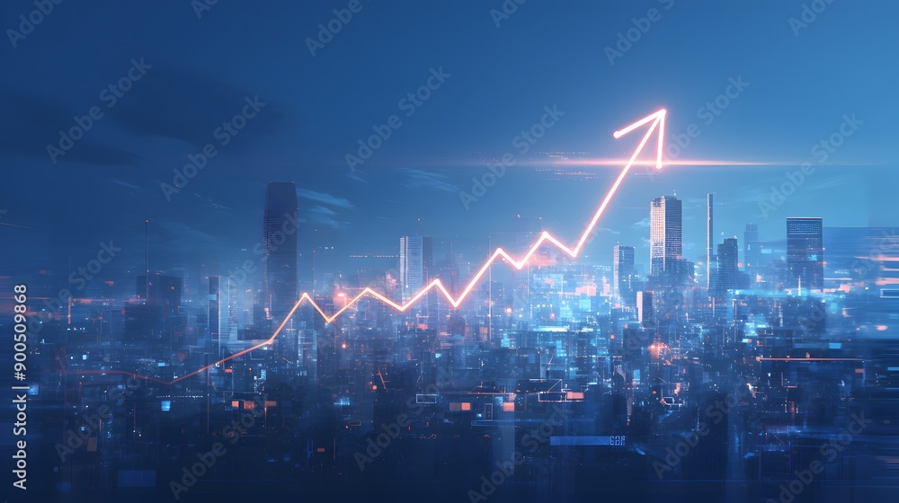 Naklejka premium Cityscape with glowing arrow pointing upwards.
