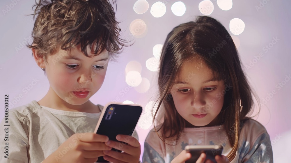 Two children focus on their smartphones, using speech to text apps amidst a soft, blurred background of lights Two children focus on their smartphones, using speech to text apps amidst a soft, blurred background of lights