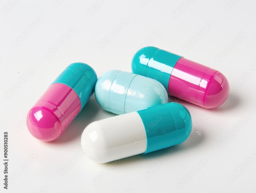 Colorful capsules and tablets are arranged neatly on a clean surface, showcasing their vibrant hues Colorful capsules and tablets are arranged neatly on a clean surface, showcasing their vibrant hues