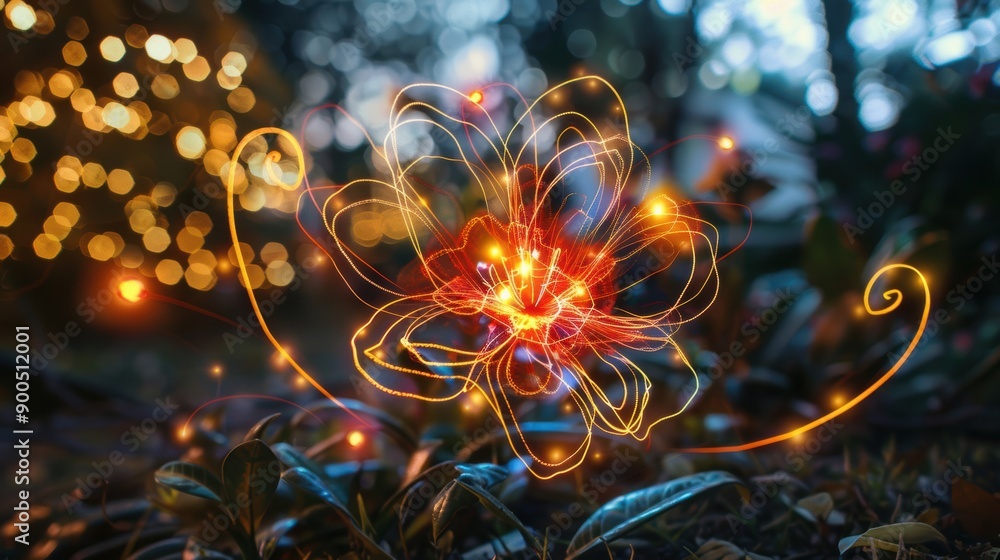 Delicate light art forms glowing like craft symbols in a serene garden at dusk Delicate light art forms glowing like craft symbols in a serene garden at dusk