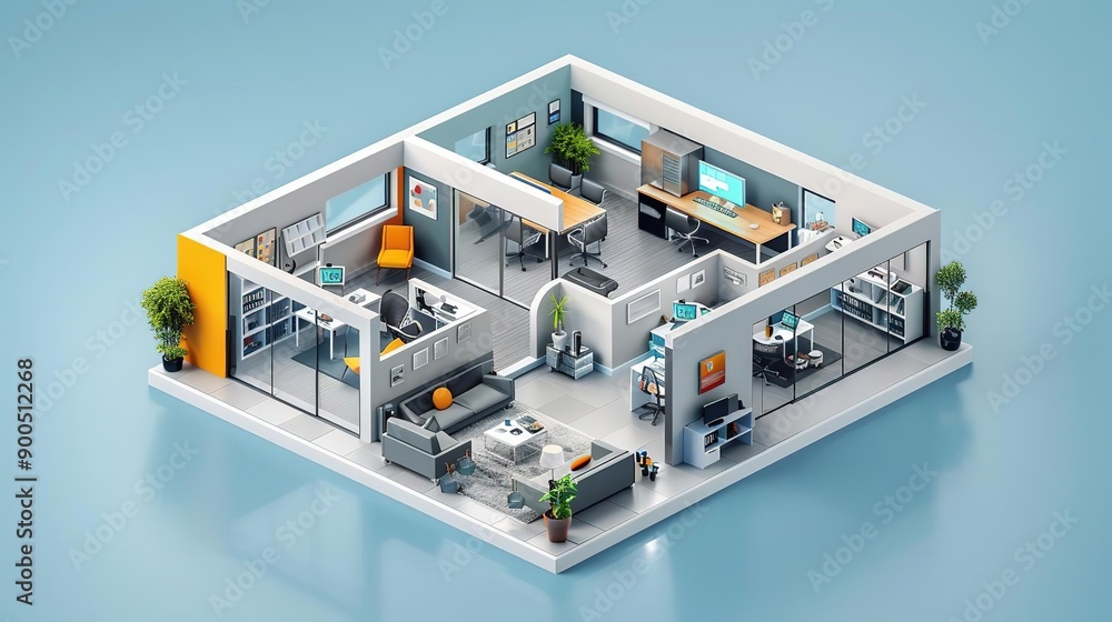 3D Illustration of a Modern Office Space with Multiple Workstations 3D Illustration of a Modern Office Space with Multiple Workstations