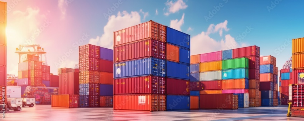Fototapeta premium Global Commerce at Dawn: A vibrant container terminal bustles with activity as the sun rises, promising a new day of international trade and logistics. 