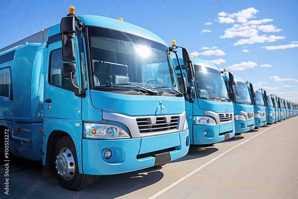 Fleet of Blue Buses: A row of vibrant blue buses stand lined up in a parking lot, ready for their next journey. The vehicles gleam under a clear blue sky, symbolizing efficiency and reliability. Fleet of Blue Buses: A row of vibrant blue buses stand lined up in a parking lot, ready for their next journey. The vehicles gleam under a clear blue sky, symbolizing efficiency and reliability.