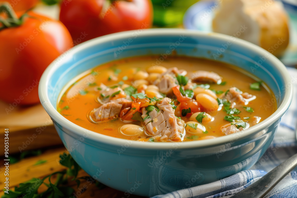 Spicy Mexican soup with meat, beans and tomatoes Spicy Mexican soup with meat, beans and tomatoes