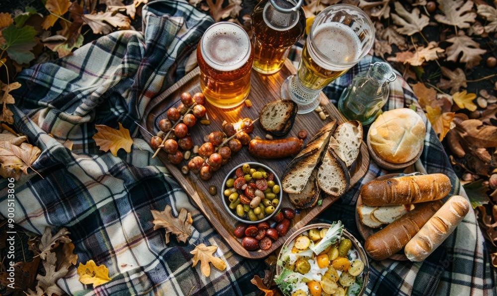 Fototapeta premium A picnic setting with beer, sausages, and a plaid blanket at the Oktoberfest festival.