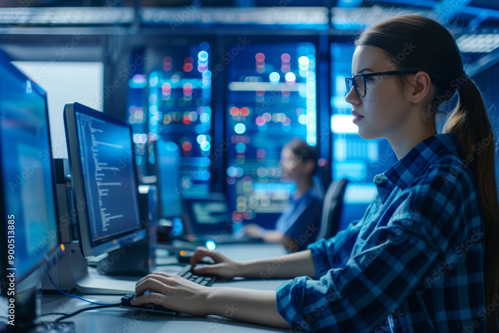 Young woman it programmer working on desktop computer in a server room. Shallow depth of field Young woman it programmer working on desktop computer in a server room. Shallow depth of field