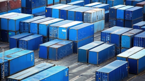 Blue Container Gridlock: A sea of blue shipping containers stretches across a bustling port, capturing the heart of global trade and logistics. 