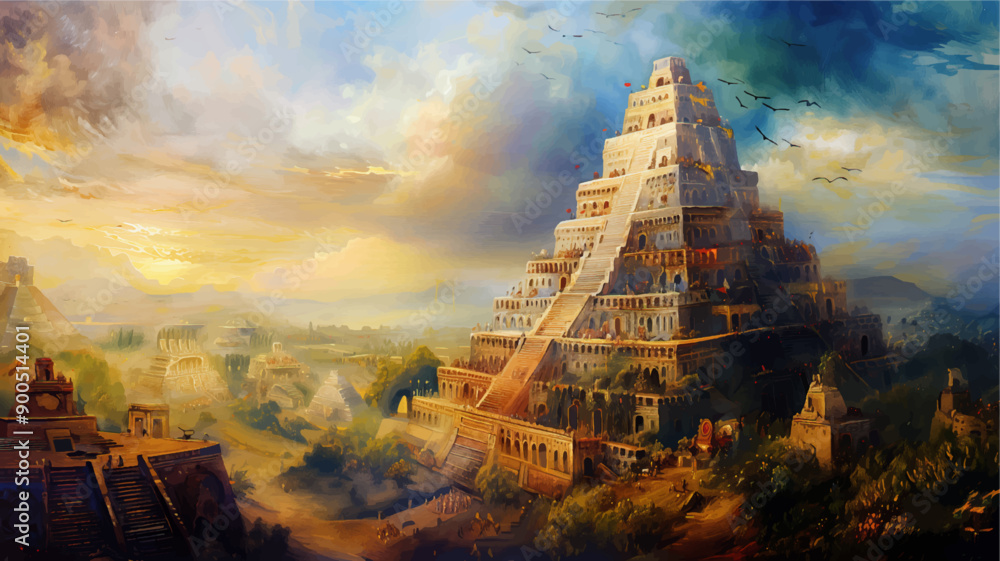 classic traditional oil painting illustration of Tower of Babel Stock ...