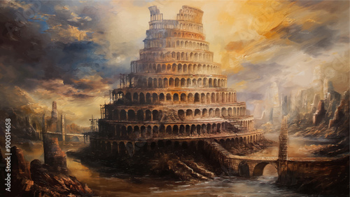 classic traditional oil painting illustration of Tower of Babel