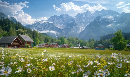 A picturesque view of a meadow with beer tents in the distance at the Oktoberfest festival. photo