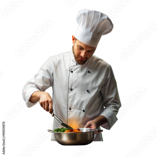 Chef preparing a dish, symbolizing culinary skills, cooking, and professional kitchen work.