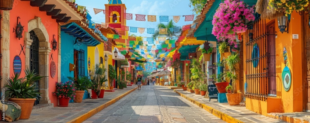 Fototapeta premium Colorful decorations adorning streets and tents, creating a festive scene.