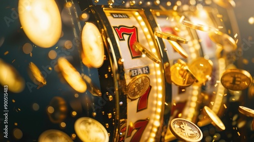 Close-Up of Lucky Slot Machine with Three Sevens and Gold Coin Shower