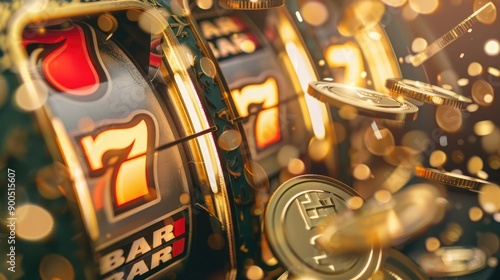 Close-Up of Lucky Slot Machine with Three Sevens and Gold Coin Shower