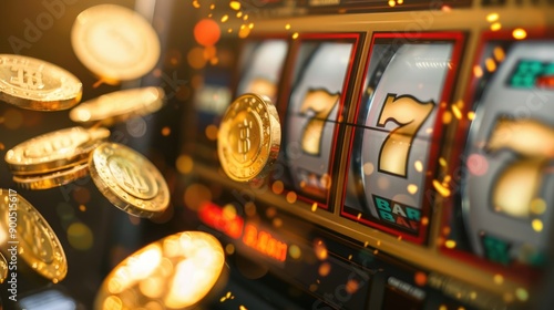 Close-Up of Lucky Slot Machine with Three Sevens and Gold Coin Shower