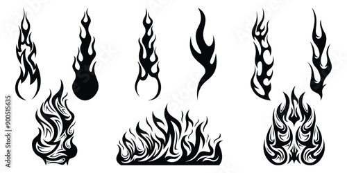 Silhouette Fire flames. Old school tattoo neo-tribal style or silhouette flame for cars. set vector icons. Fire sign. Fire flame icon isolated on white background. Vector illustration