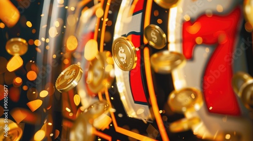 Close-Up of Lucky Slot Machine with Three Sevens and Gold Coin Shower