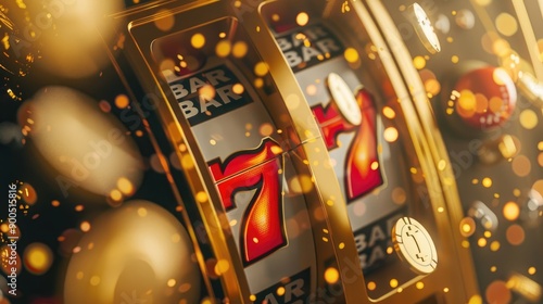 Close-Up of Lucky Slot Machine with Three Sevens and Gold Coin Shower