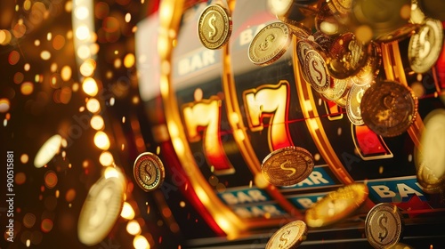 Close-Up of Lucky Slot Machine with Three Sevens and Gold Coin Shower