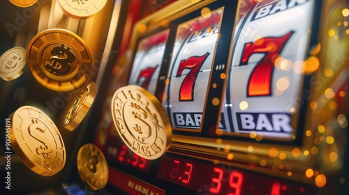 Close-Up of Lucky Slot Machine with Three Sevens and Gold Coin Shower