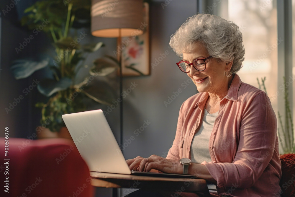 Smart mature woman wearing glasses using laptop for online working, browsing and shopping Smart mature woman wearing glasses using laptop for online working, browsing and shopping
