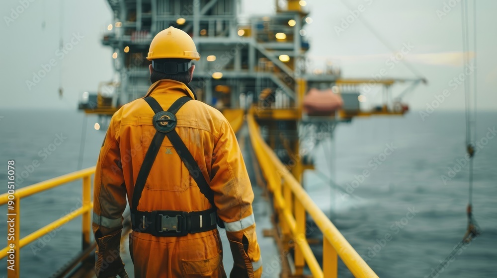 Backview Photo of Worker on Oil Rig Platform