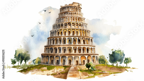 watercolor aquarelle illustration painting of Tower of Babel on white background