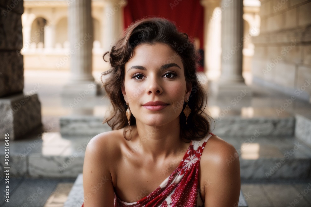 A young woman sitting on a stone bench in a courtyard. She is wearing a red and white patterned dress and has shoulder-length dark hair styled in loose curls. A young woman sitting on a stone bench in a courtyard. She is wearing a red and white patterned dress and has shoulder-length dark hair styled in loose curls.
