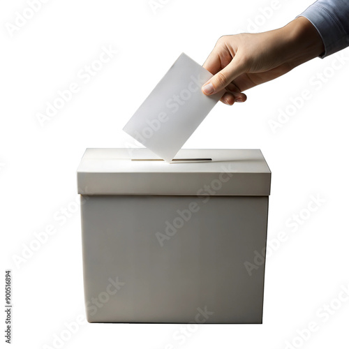 Hand placing a ballot in a box, symbolizing voting, elections, and democracy. photo