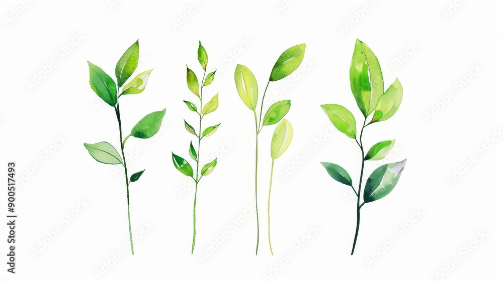 Fototapeta premium Watercolor Green Design Element. Clipart of Creeping Green Leaves