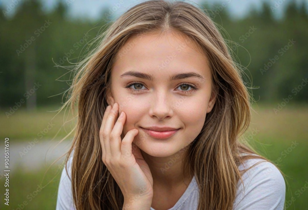 A young woman with long, flowing blonde hair smiles serenely, bathed in the warm glow of the setting sun A young woman with long, flowing blonde hair smiles serenely, bathed in the warm glow of the setting sun
