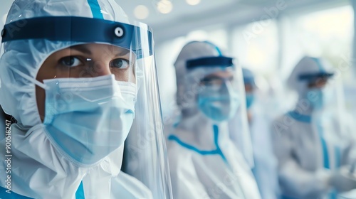 A female doctor or nurse wearing a protective face mask and shield looks at the camera.