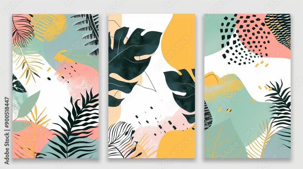 Creative covers or horizontal posters in modern minimal style for corporate identity, branding, social media ads, promo. Modern layout design templates with tropical leaves and geometric Creative covers or horizontal posters in modern minimal style for corporate identity, branding, social media ads, promo. Modern layout design templates with tropical leaves and geometric