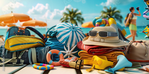 Summer Send-Off Sale: An image depicting travel essentials, outdoor gear, and beachwear arranged in a vacation-themed setting