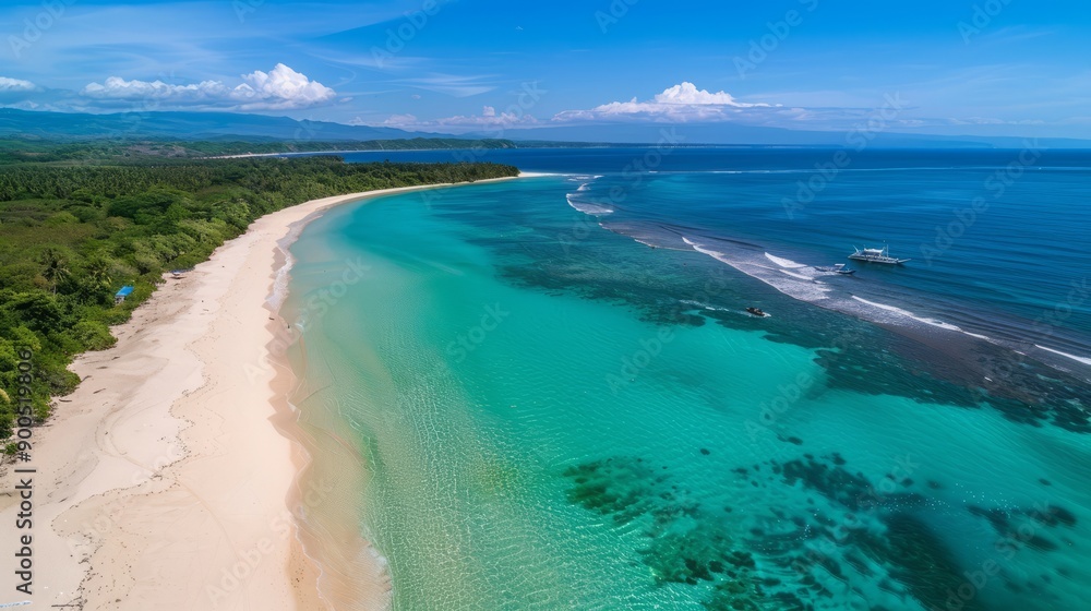 Obraz premium Discover the pristine beauty of Saud Beach in Pagudpud, Philippines, with this captivating photograph. Known for its powdery white sand and crystal-clear turquoise waters. --ar 16:9 Job ID: 0b6e9