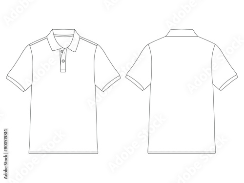 Short Sleeve polo shirt Technical drawing Fashion flat sketch front and back views vector illustration template