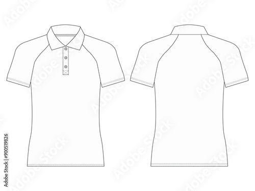 Short Sleeve polo shirt Technical drawing Fashion flat sketch front and back views vector illustration template
