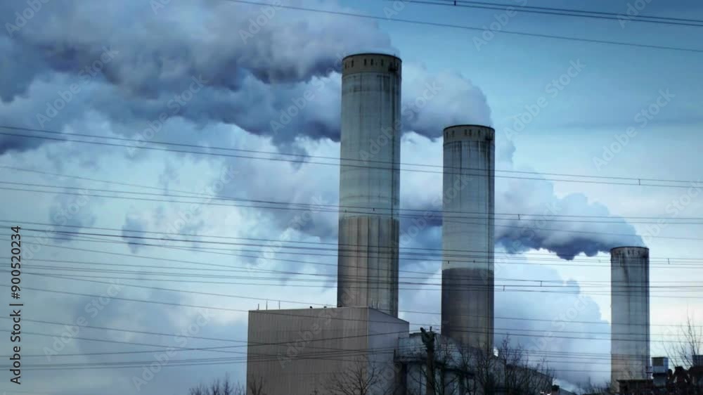 Aerial view of a coal-fired power plant with smokestacks emitting pollution Aerial view of a coal-fired power plant with smokestacks emitting pollution