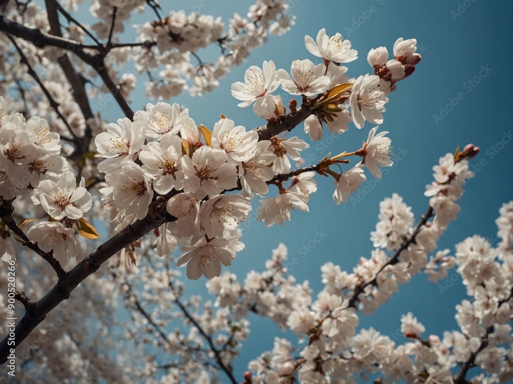 Spring white cherry blossoms on artistic wallpaper, high contrast Spring white cherry blossoms on artistic wallpaper, high contrast