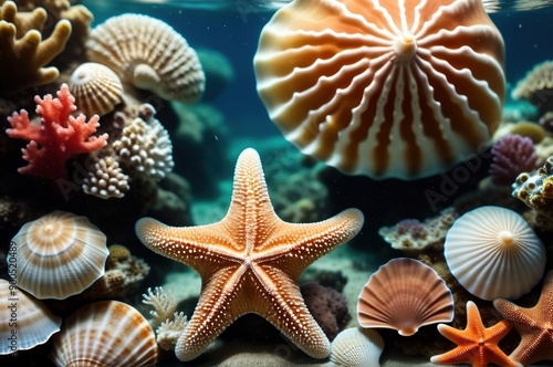 Coral reef with starfish, shells, underwater in the sea, ocean. photo