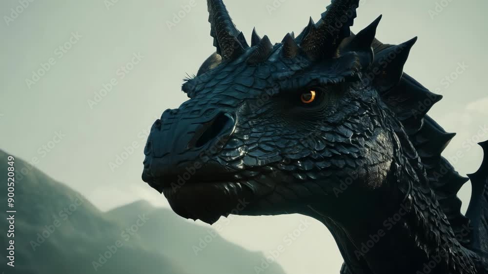 Close-up of a dragon’s head with natural light and side lighting, focusing on its intense gaze and serious expression, with a blurred background for emphasis Close-up of a dragon’s head with natural light and side lighting, focusing on its intense gaze and serious expression, with a blurred background for emphasis