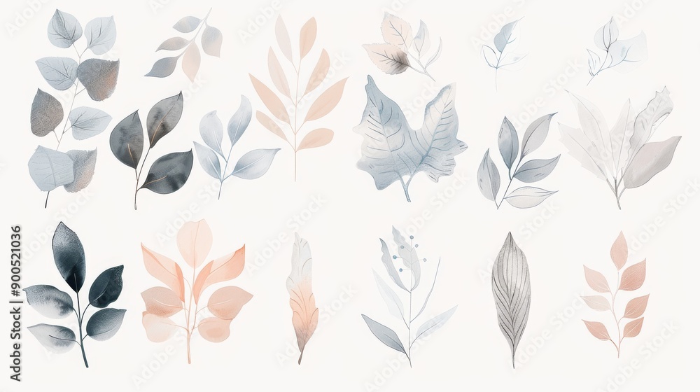 Set of Watercolor Leaves in Clipart Style Set of Watercolor Leaves in Clipart Style