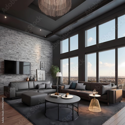 Wallpaper Mural Modern interior of a living room. Penthouse Loft with dark stone walls (3d Rendering) Torontodigital.ca