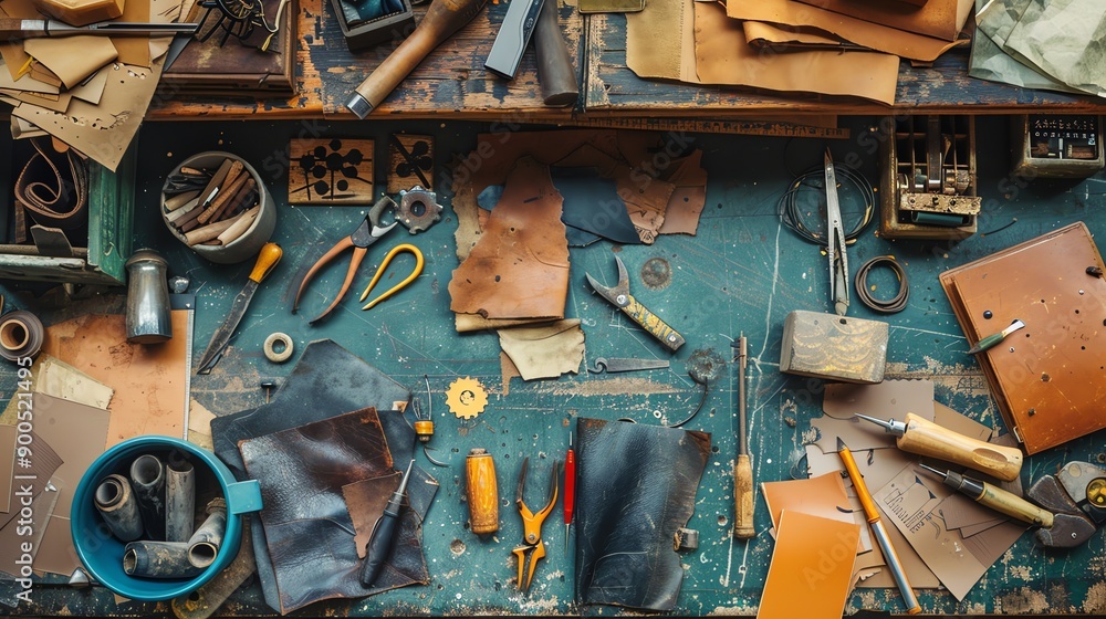 Top view of a cluttered workbench with leatherworking tools and materials. The bench is made of wood and painted green. Top view of a cluttered workbench with leatherworking tools and materials. The bench is made of wood and painted green.